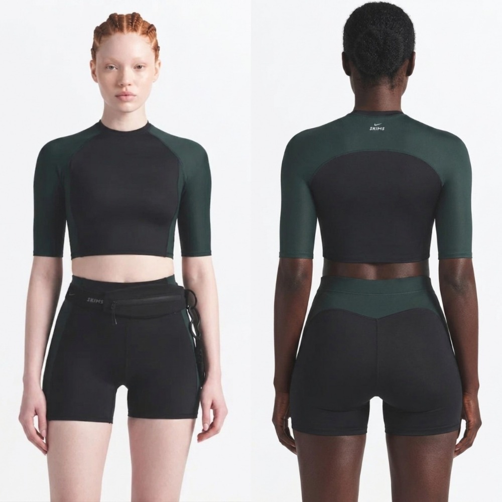 New XXS Set Nike Skims shine color block Top Shorts Shirt Obsidian Dark Teal 2XS